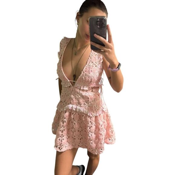 For Love & Lemons Alessia Pink Floral Ruffle Mini Dress - Picture 2 of 3